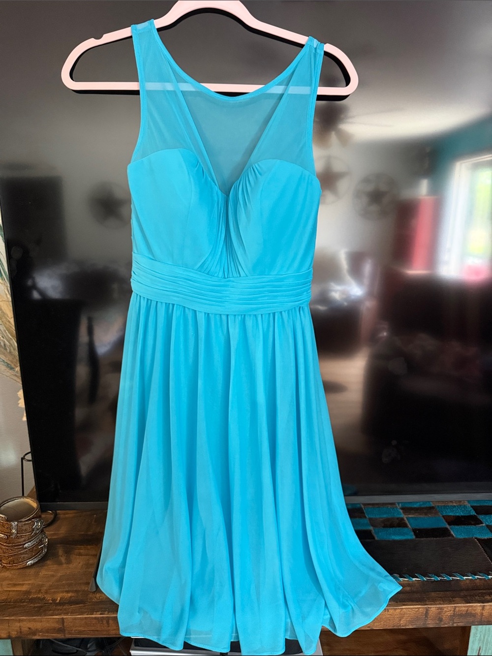 David's Bridal Turquoise Chiffon Midi Dress